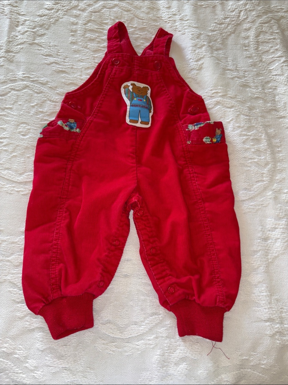 OshKosh Vintage Unisex Red Corduroy Toddler Overalls with Bear Patch 18M